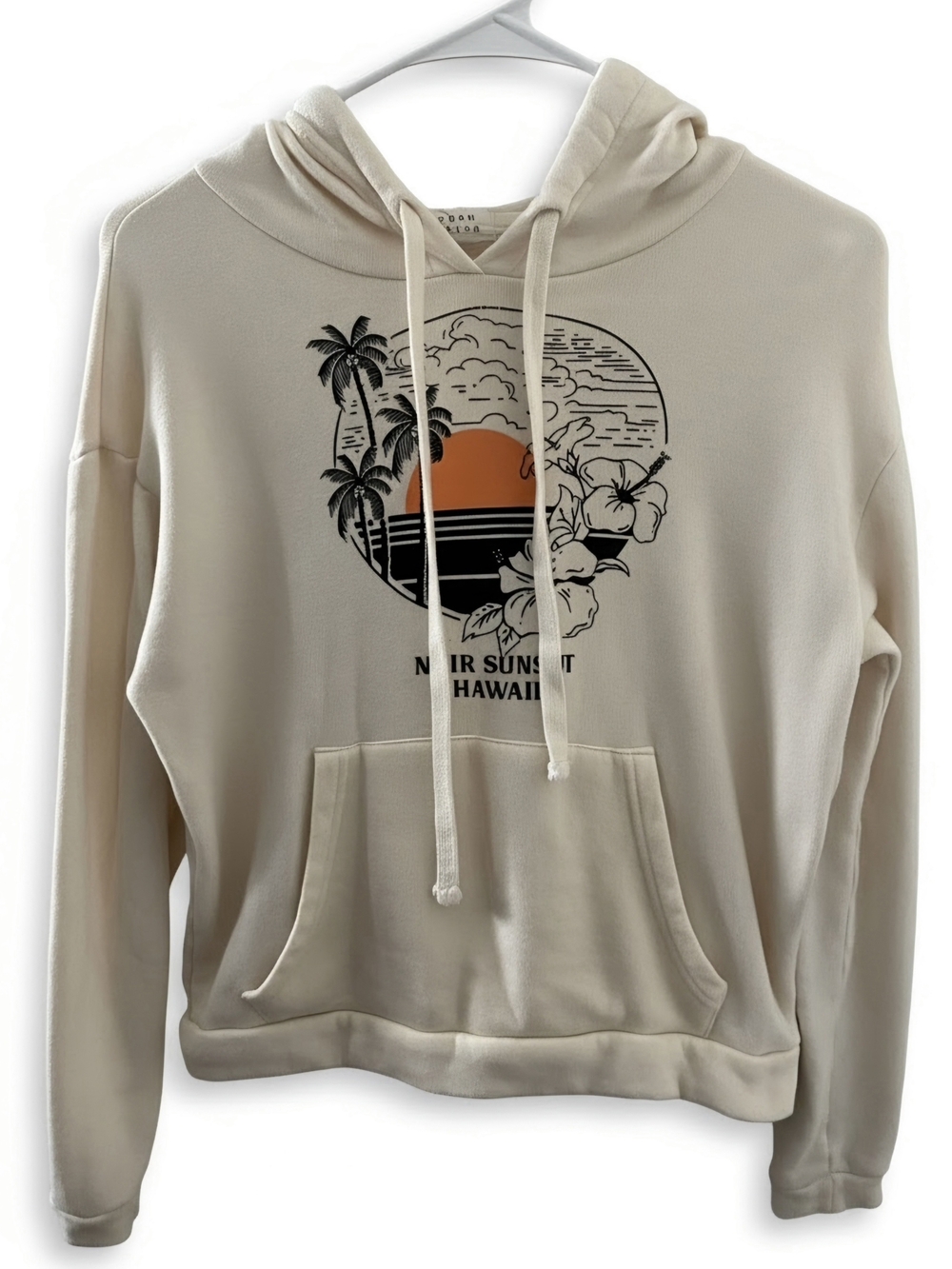Neutral Cream Hawaii Graphic Pullover Hoodie with Orange Sunset
